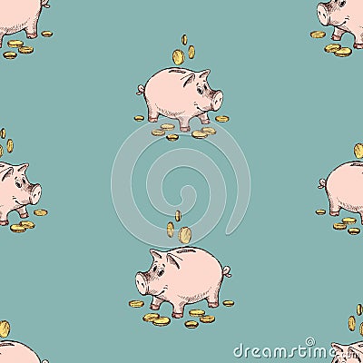 Seamless pattern of sketches funny piggy banks with coins Vector Illustration