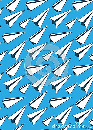 Seamless pattern of sketches of paper airplanes on blue background. Letters and mail. Transportation of correspondence by air. Vector Illustration