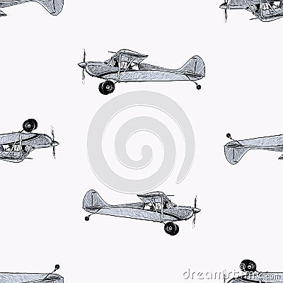 Seamless pattern of sketches retro airplanes in flight Vector Illustration