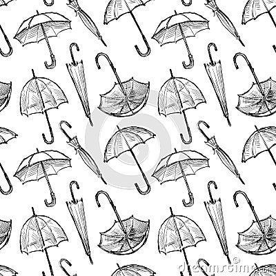 Seamless pattern of sketches various opened and closed umbrellas Vector Illustration