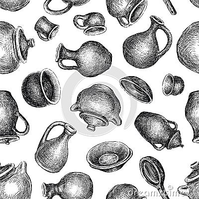 Seamless pattern of sketches of various pottery Vector Illustration