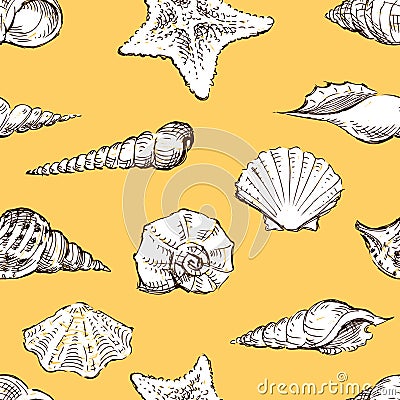 Seamless pattern of sketches various seashells Vector Illustration