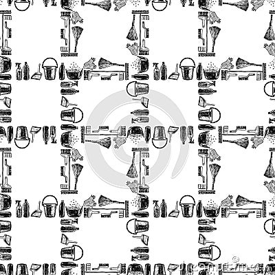 Seamless pattern of sketches of various tools and detergents for cleaning Vector Illustration