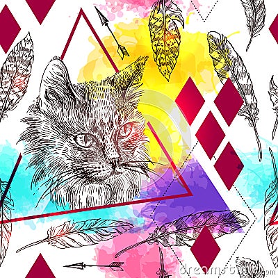 Seamless pattern sketching of cat. Vector Illustration