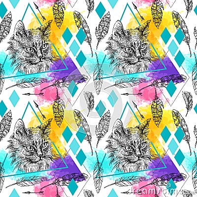 Seamless pattern sketching of cat. Vector Illustration