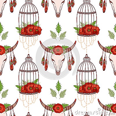 Seamless pattern with skull cow, poppies in cages. Vector Illustration