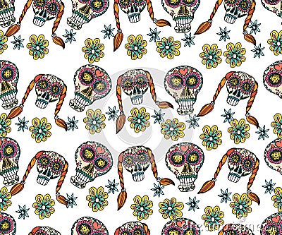 Seamless pattern with skull, flowers and ethnic elemens. Mexic Vector Illustration