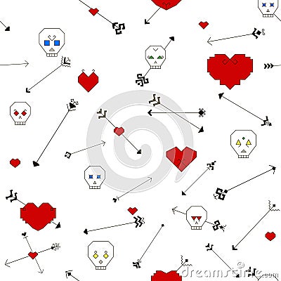 Seamless pattern with skull, heart and arrows Vector Illustration