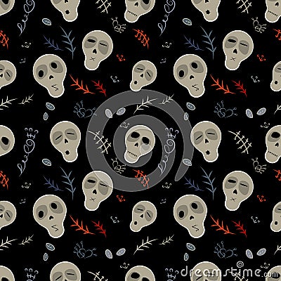 Seamless pattern skulls on a black Stock Photo