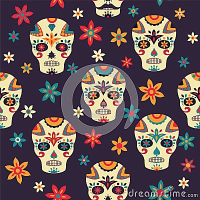 Seamless pattern with skulls and flowers on dark background. Day of the death. Vector illustration. Cartoon Illustration