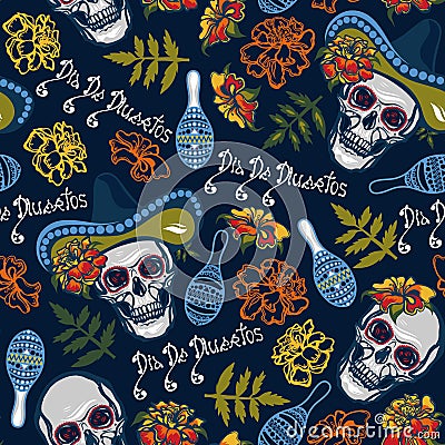 Seamless pattern with skulls in hats with maracas, flowers with marigolds. Vector Illustration