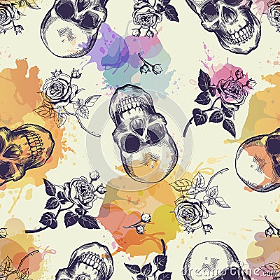 Seamless pattern with skulls and rose flowers drawn in engraving style and translucent colorful blots. Modern and trendy Vector Illustration