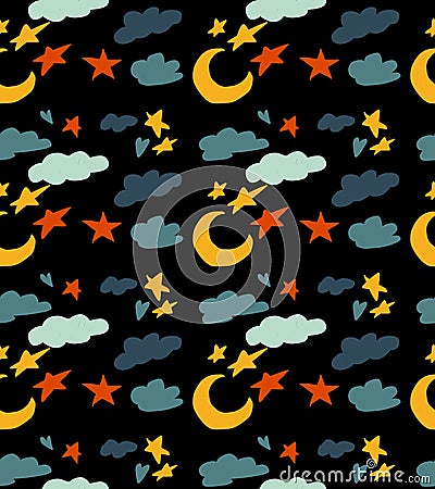 Seamless pattern with sky theme. Beautiful cartoon pattern with moon, clouds and stars. Stock Photo