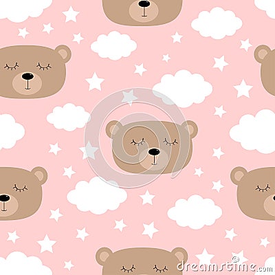 Seamless Pattern. Sleeping bear face. Cloud in the sky. Cute cartoon kawaii funny baby character. Wrapping paper, textile template Vector Illustration