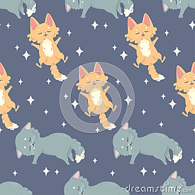 Seamless pattern sleeping cat, napping, cartoon cute, vector illustration for fabric, print, clothing Vector Illustration