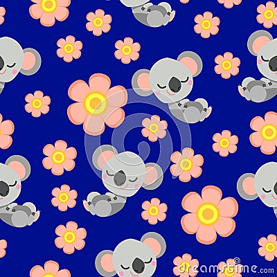 Seamless pattern with sleepy koala and pink flower Stock Photo