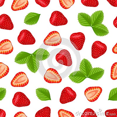 Seamless pattern with sliced ripe fresh strawberries and leaves Vector Illustration