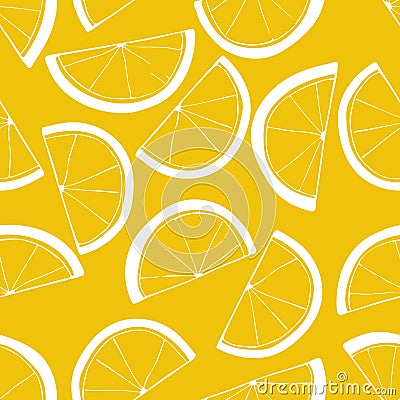 Seamless pattern with slices of lemons. Citrus background. White linear drawing on yellow backdrop Vector Illustration