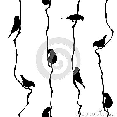 Seamless Pattern: Small Birds on Creepers. Black and White. Vector Illustration