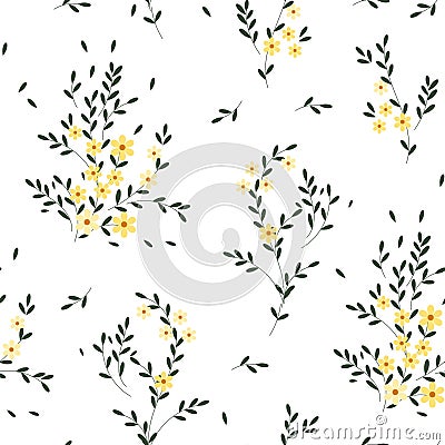 Seamless pattern, small delicate yellow flowers and scattering of small leaves. Print, textile, wallpaper. Vector Illustration