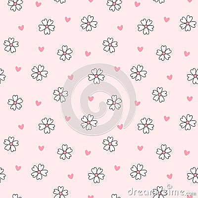 Seamless pattern with small flowers and pink hearts. Vector Illustration