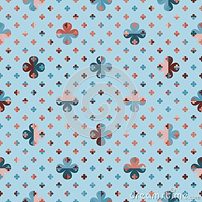 Seamless pattern of small and large colourful four leaf clover symbols on blue background. Vector Illustration