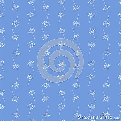 Seamless pattern of small seed head flowers on a bright blue background. Vector Illustration