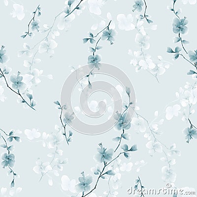 Seamless pattern small wild branch with blue and wite flowers on a light blue background. Watercolor Stock Photo