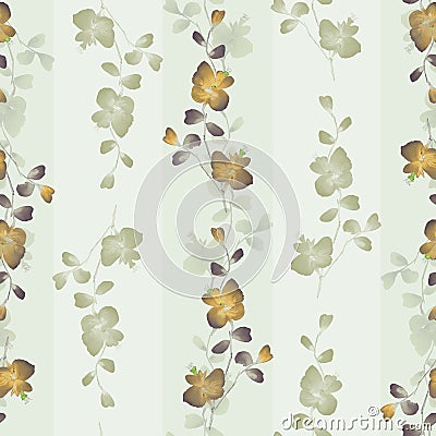 Seamless pattern small wild branchs with orange and green flowers on a green background with vertical strips. Watercolor -2 Stock Photo