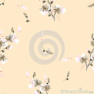 Seamless pattern small wild brige and pink flowers on a beige background. Watercolor -3 Stock Photo