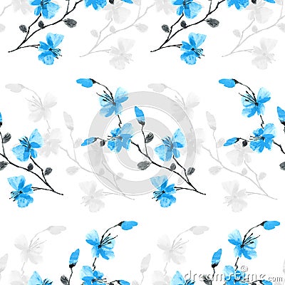 Seamless pattern small wild light blue flowers on a white background. Watercolor -A Stock Photo