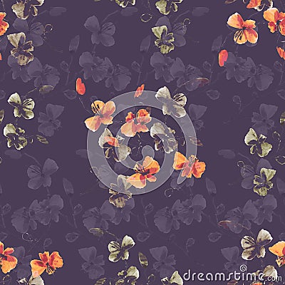 Seamless pattern small wild orange and beige flowers on a deep violet background. Watercolor. -6 Stock Photo