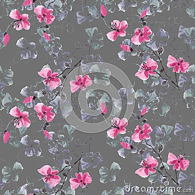 Seamless pattern small wild pink and violet flowers on a deep gray background. Floral background. Watercolor. - 7 Stock Photo