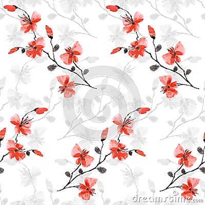 Seamless pattern small wild red and gray flowers on the white background. Watercolor - 3 Stock Photo