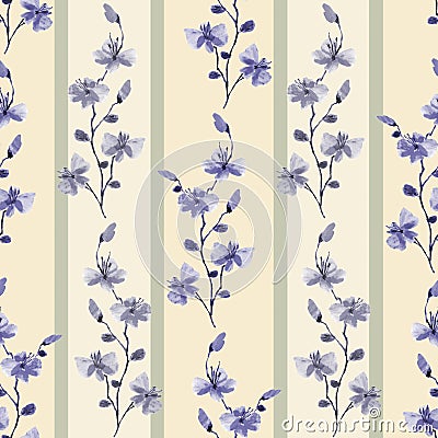 Seamless pattern small wild violet branchs of flowers with green strips on a light beige background. Watercolor Stock Photo