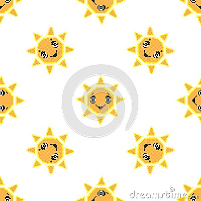 Seamless pattern with smile sun. Pixel art background, vector illustration. Retro game style Cartoon Illustration