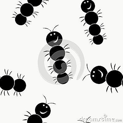 Seamless pattern with smiling happy cartoon insects, caterpillars, millipedes. Repeating black silhouettes of garden Vector Illustration