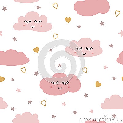 Seamless pattern with smiling sleeping clouds stars Pink baby girl pattern Vector Vector Illustration