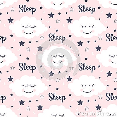 Seamless pattern with smiling sleeping clouds and stars. Vector Illustration