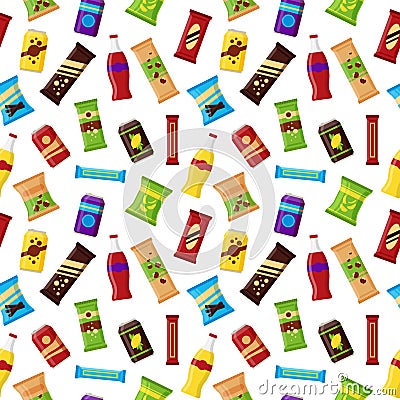 Seamless pattern snack product for vending machine. Fast food snacks, drinks, nuts, chips, juice for vendor machine bar Vector Illustration