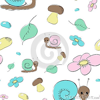 Seamless pattern with snails, mushrooms and flower Vector Illustration