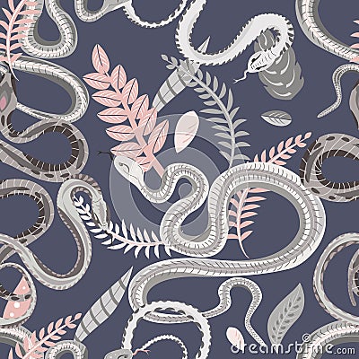 Seamless pattern with snakes and plants. Colorful wallpaper on a tropical theme on gray background. Vector Illustration