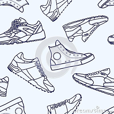 Seamless Pattern with Sneaker Shoe Flat Line Stroke Vector Illustration