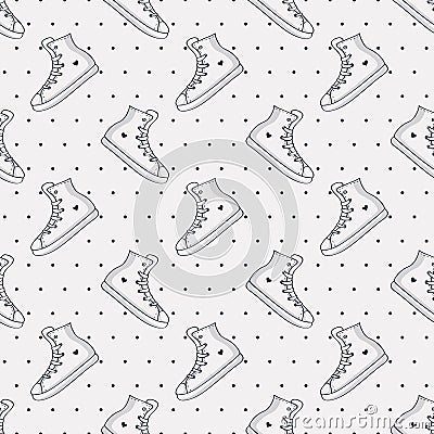 Seamless pattern with sneakers and polka dot. Vector Illustration