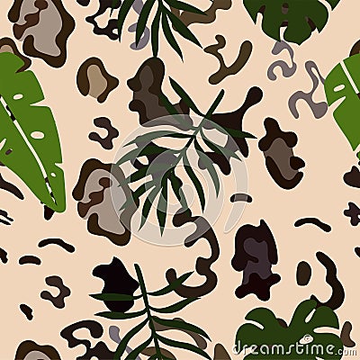 Seamless pattern of snow leopard skins and tropical leaves. Vector template Stock Photo