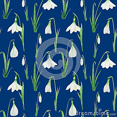 Seamless pattern with Snowdrop spring easter flowers with green leafs. Delicate Snowdrops. Fabric texture Hand painted Cartoon Illustration