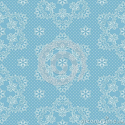 Seamless pattern snowflakes and polka dots on blue background vector. Christmas lace fabric or wrapping paper design illustration Vector Illustration