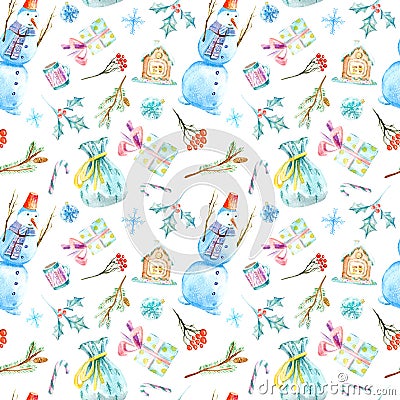 Seamless pattern of a snowman, christmas tree, gingerbread, bag and gift. Cartoon Illustration