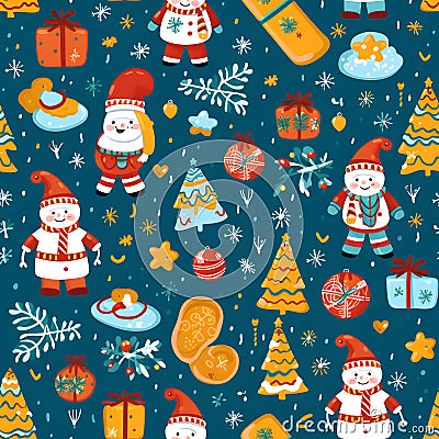 Seamless pattern of snowmen dressed in classic Santa attire, complete with festive hats and scarves in a joyful palette of reds, Stock Photo