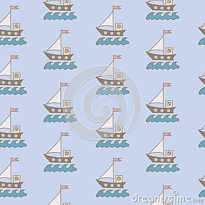 Seamless pattern with soft color ship with flag and blue wave Vector Illustration